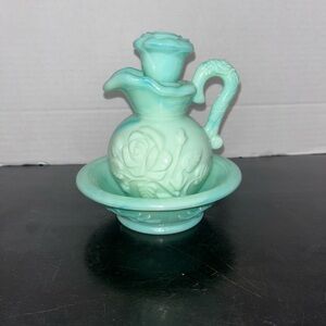Vintage Avon Green Jadeite Milk Glass Pitcher and Bowl with Rose Stopper